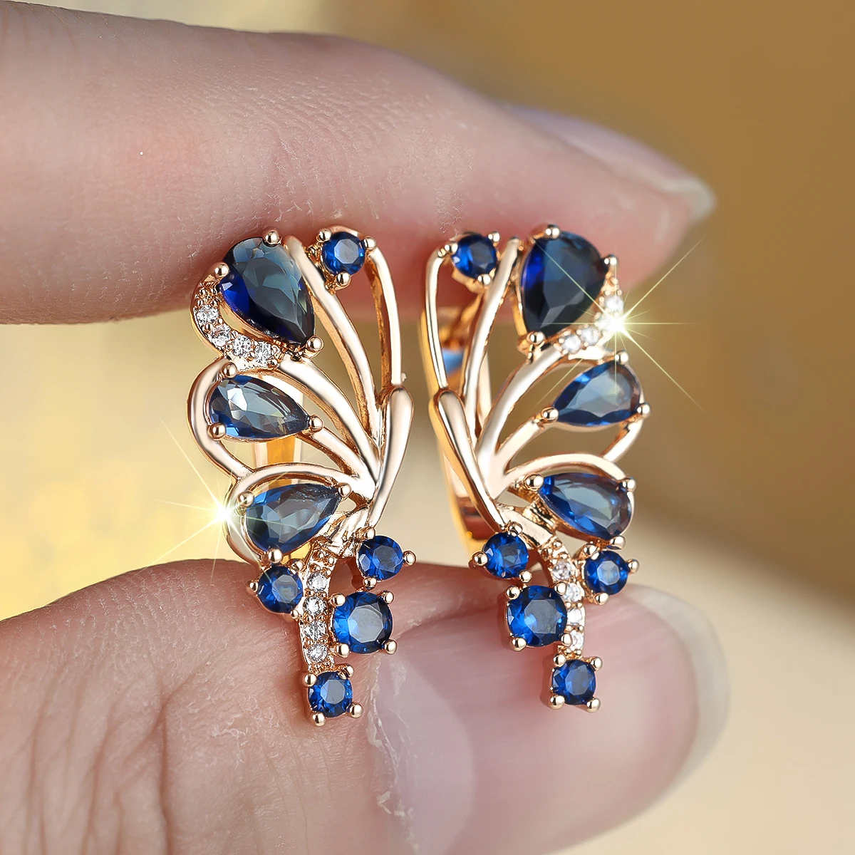 Luxury Small Blue Zircon Stone Cute Butterfly Hoop Earrings For Women Vintage Female Fashion Gold Color Wedding Jewelry
