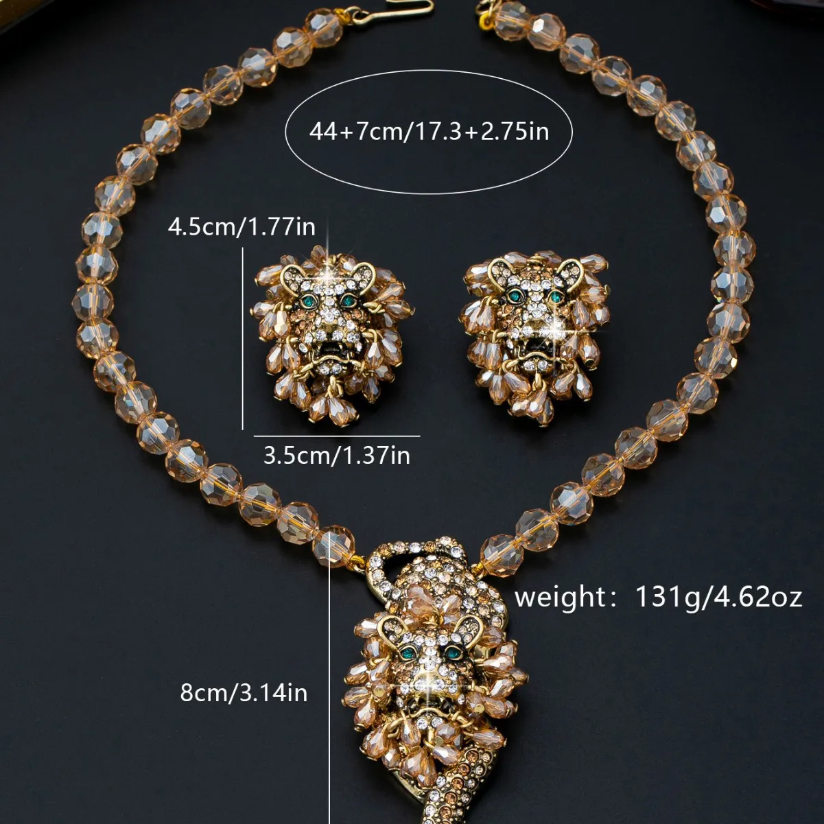 Retro Palace Style Full Rhinestone Paved Lion Head Pendant Necklace Earrings Set Champagne Faceted Glass Beaded Clavicle Chain