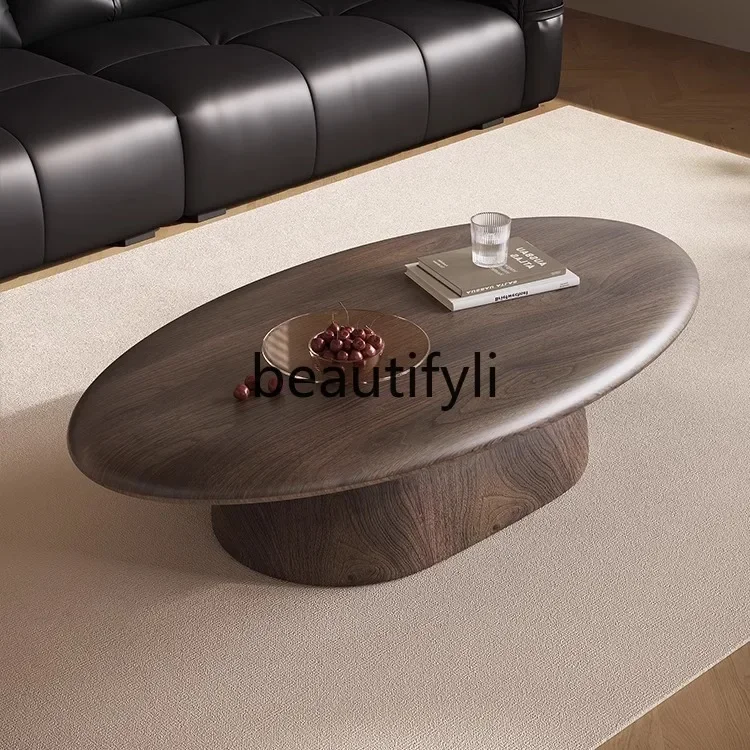 

Medieval style solid wood coffee table living room household small apartment designer Italian oval walnut leather high sense H