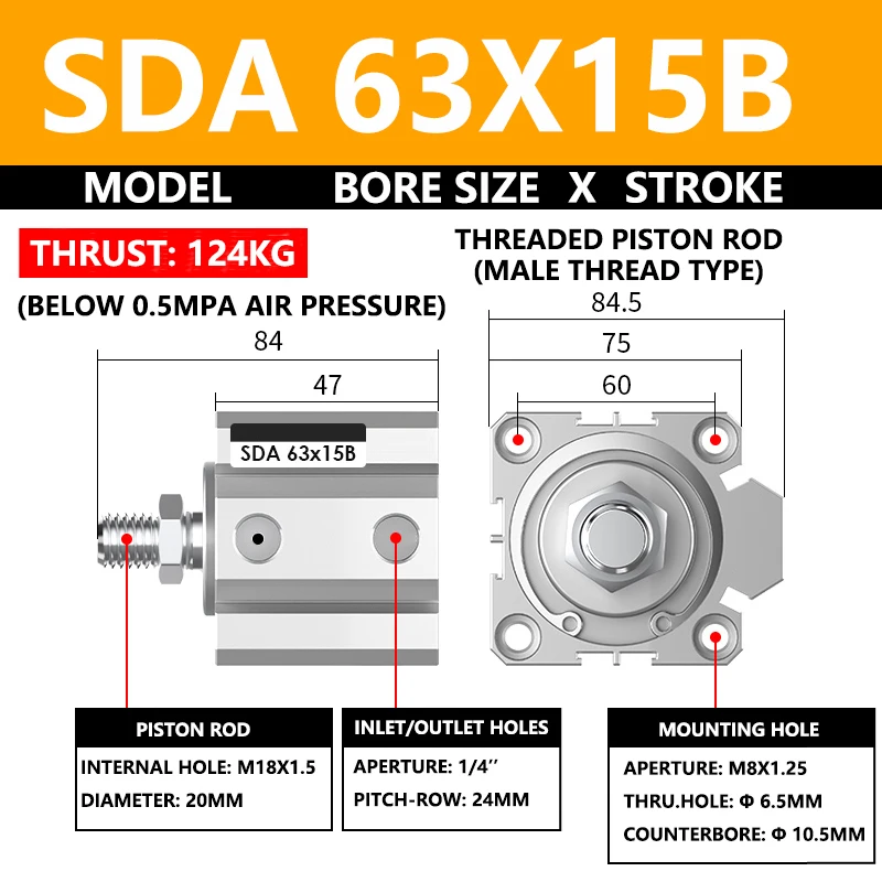 ABILKEEN SDA63X15B SDA Series Thin Air Cylinder 63MM Male Thread Bore X 15MM Stroke Double Acting Pneumatic Compact Cylinder