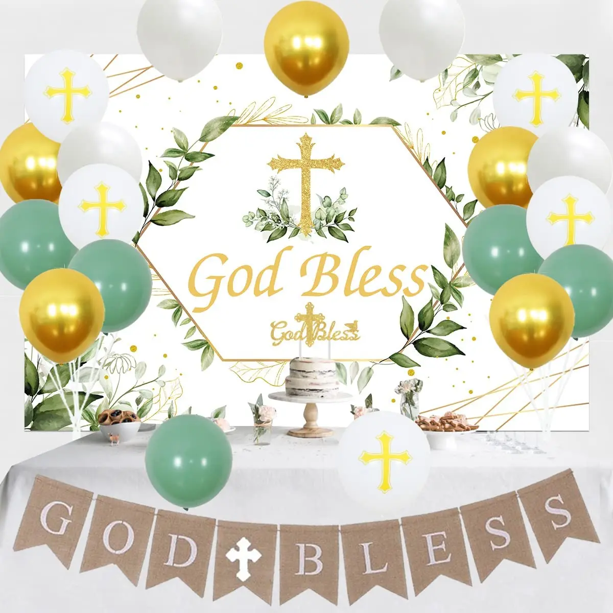 Green and White Baptism Party Decor, God Bless Backdrop, Baptism Decorations, Baptism Supplies, Christening Confirmation