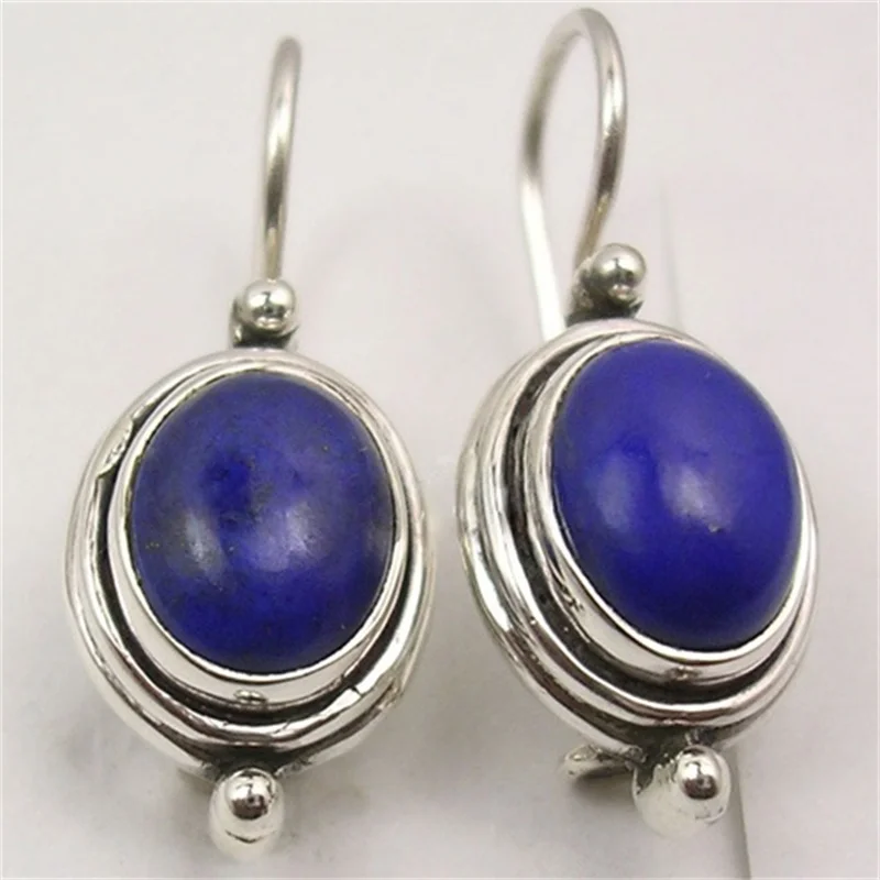Ethnic Silver Color Imitation Lapis Lazuli Dangle Earrings Woman Carving Oval Party Daily Wear