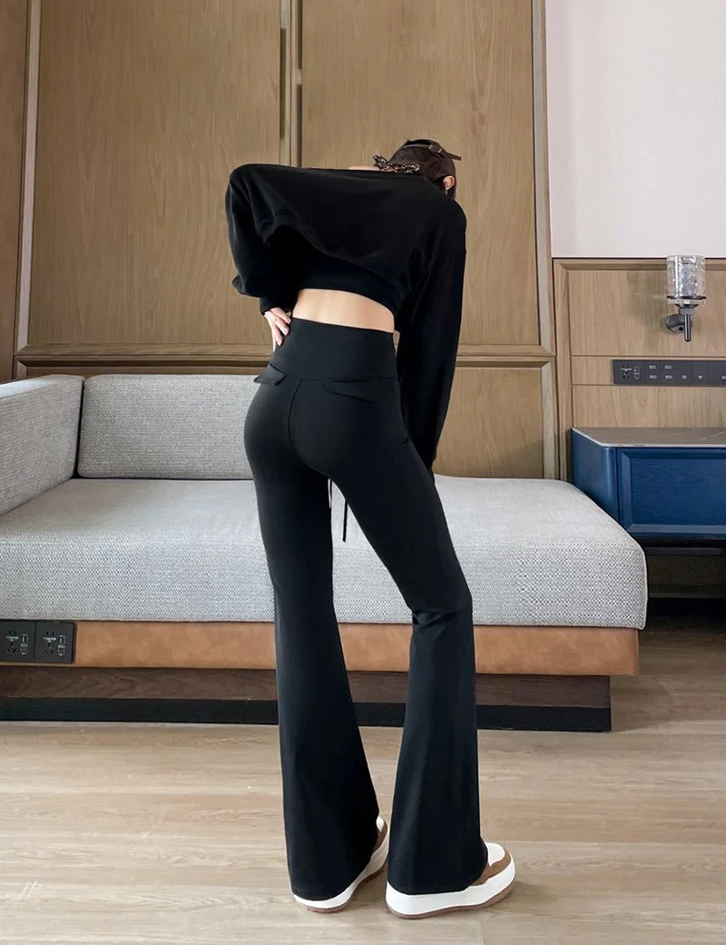 BIVIGAOS Autumn New Drawstring High Waist Micro Flared Leggings Women Slim Fit Elastic Fashionable Casual Sports Flared Pants