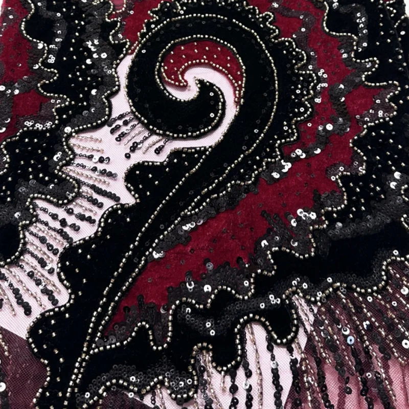 Latest Lace Fabric High Quality 2026 African Lace Fabric Beaded Applique Sequins Beads Embroidered Curly Leaf Pattern For Dress