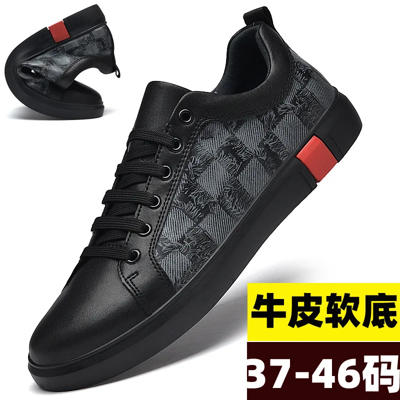 

Men Genuine Leather Plaid Casual Sneakers Lace Up Fashion Flats Non Slip Soft Sole Comfortable Walking Shoes Daily Work Office
