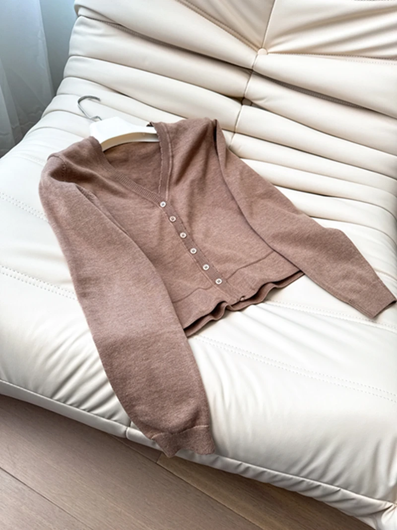 

Ele ort Knitted Woolen Cardigan Lace Trim Two-Piece Set Faionable Early Spring Tea Brown Svel Vest Top