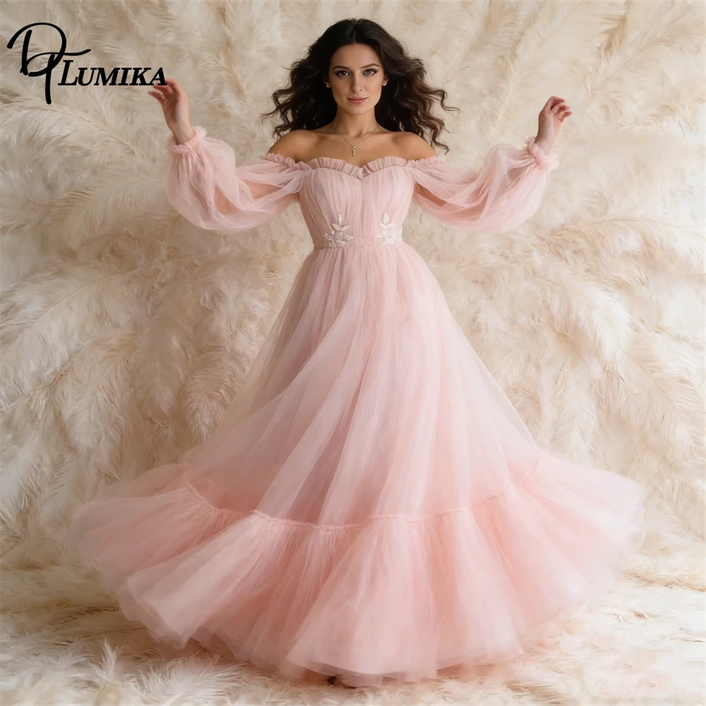 

Off the Shoulder Tulle Maxi Gown for Women Full Sleeved A Line Flowy Evening Dresses Lace Appliques Customized Size