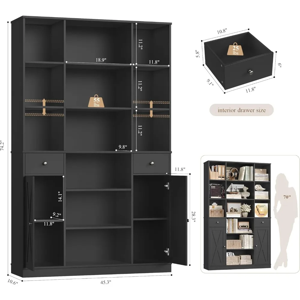 "74 Inch Tall and 45 Inch Wide Modern Bookshelf with Storage and Doors"