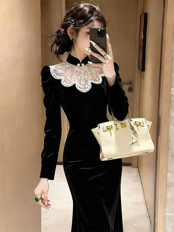 

Elegant Velvet Lace Collar Dress for Important Occasions Winter Fashion High End Rich Girl Black Velvet Dress Citywalk Style