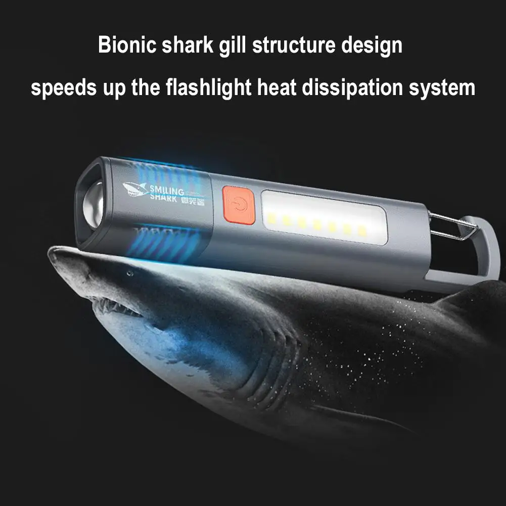 Smiling Shark LED Flashlight With Hook COB Large Flash Light Super Bright Flashlight USB Rechargeable Zoom Outdoor Camping Light