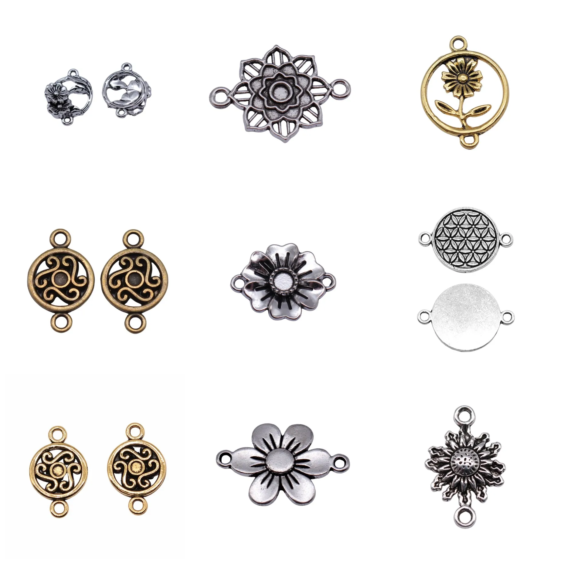 Antique Silver Color Floral Slice Flat Jewelry Connectors Findings For Bracelet Necklace DIY Jewelry Making Craft Bulk