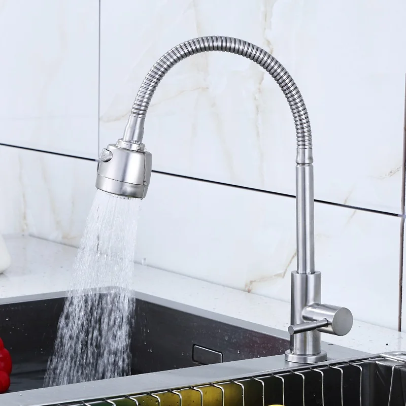 Lead Free stainless steel Kitchen Faucet Two Water Spray Modes Sink Faucet Deck Mounted Universal Rotary Faucet Single Cold Tap