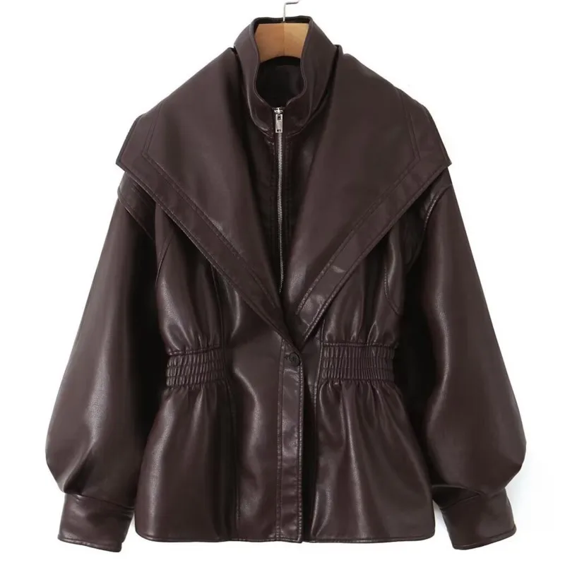 

2025 Autumn New Women's Lapel-Designed Versatile Lantern Sleeve Faux Leather Jacket Fashionable & Trendy Outerwear Tops