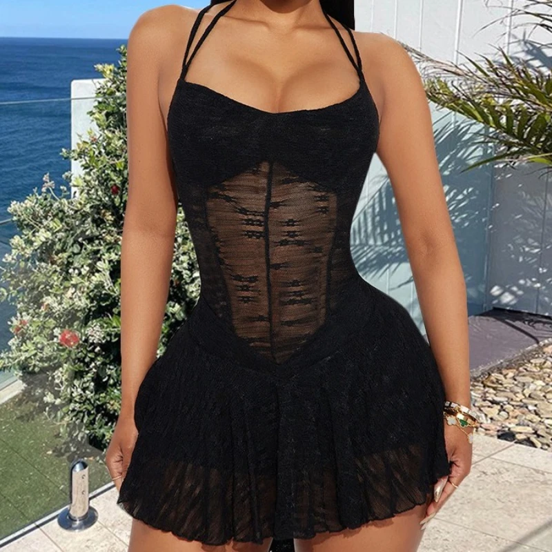 レディースホルターバックレスミニドレスセクシークラブ衣装サマーファッションメッシュシースルーカジュアルストリートウェアバケーションミニドレス2025