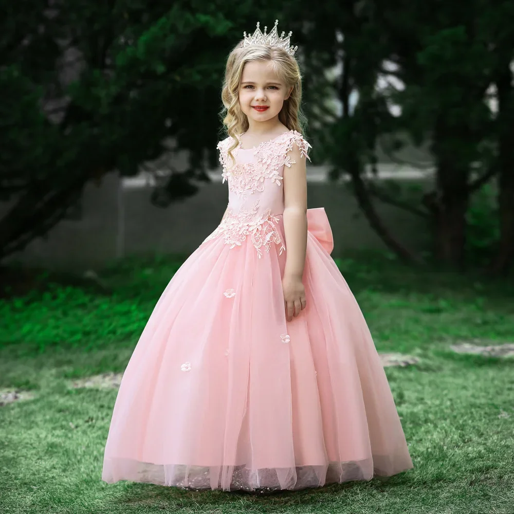Fashion Flower Girl Dresses for Weddings Lace Sleeveless Bow Girl Birthday Dress Summer Children Girls Party Dress 4-15 Years