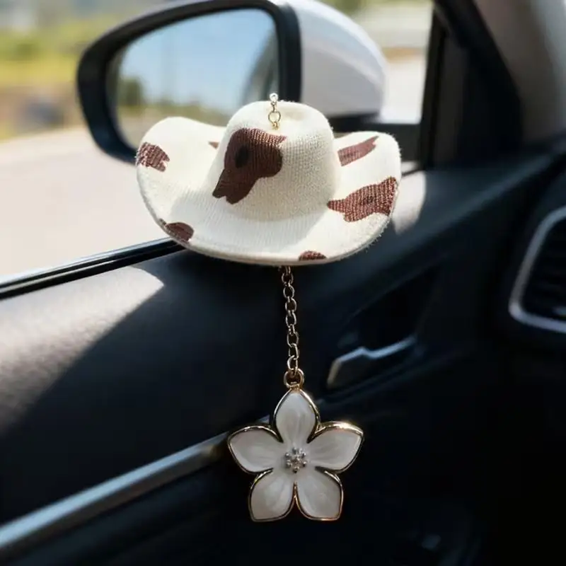 Cowboy Hat Car Hanging Ornament Cow Print Rear View Mirror Pendant Flower Charm Car Interior Decor Gift