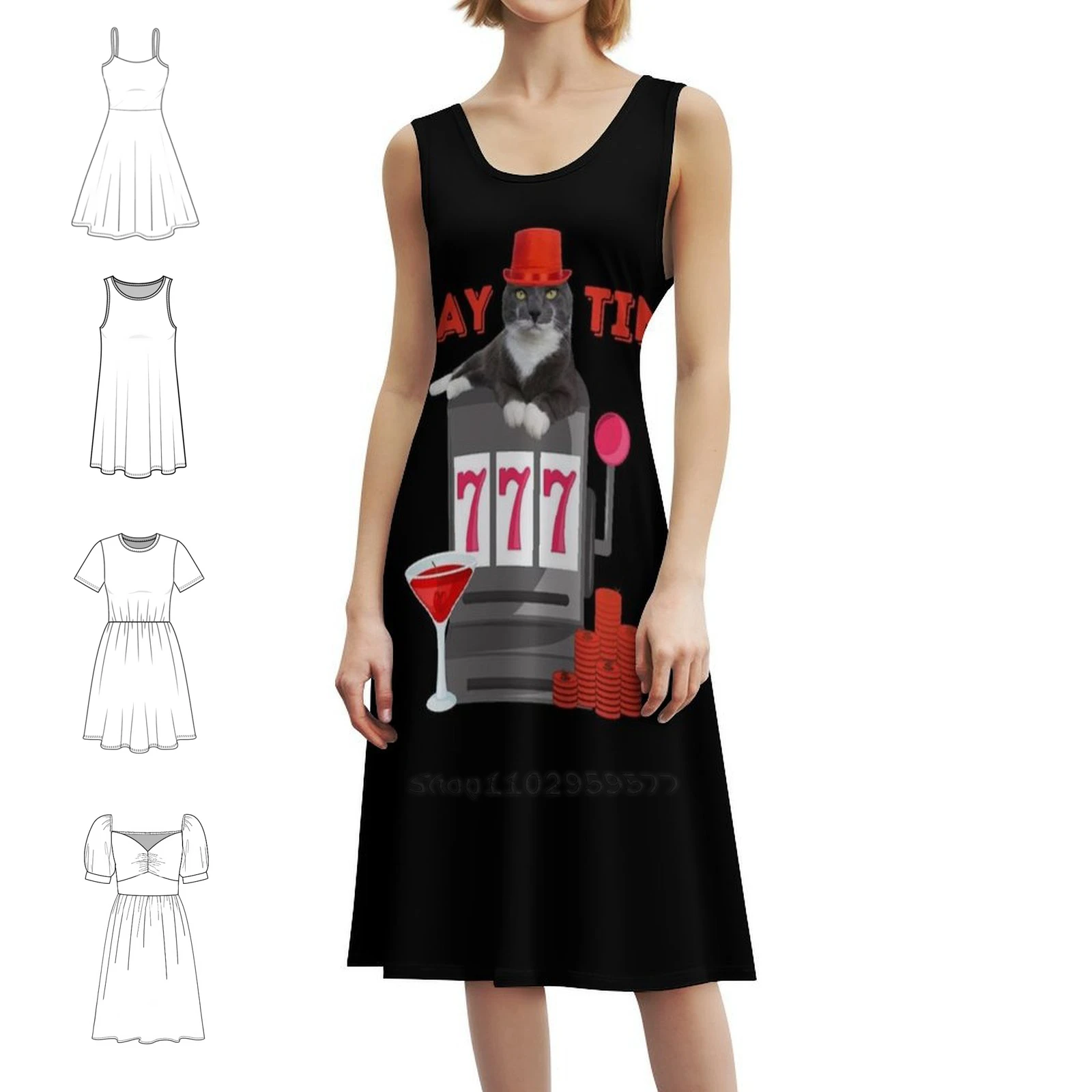 مضحك القمار القط اللعب الوقت مثير عطلة اللباس للنساء الشاطئ حزب عيد ميلاد فستان قصير مضحك فتحة آلة كازينو القمار #1