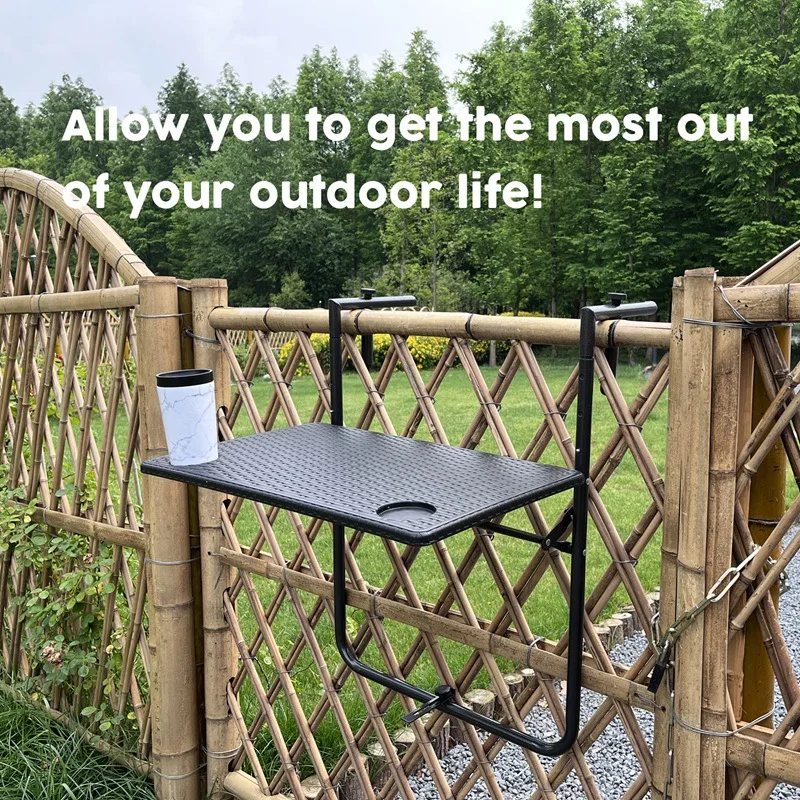 Outdoor Wrought Iron Balcony Railing with Hanging Table Folding Table Railing Adjustable Height Plastic Square Tabletop