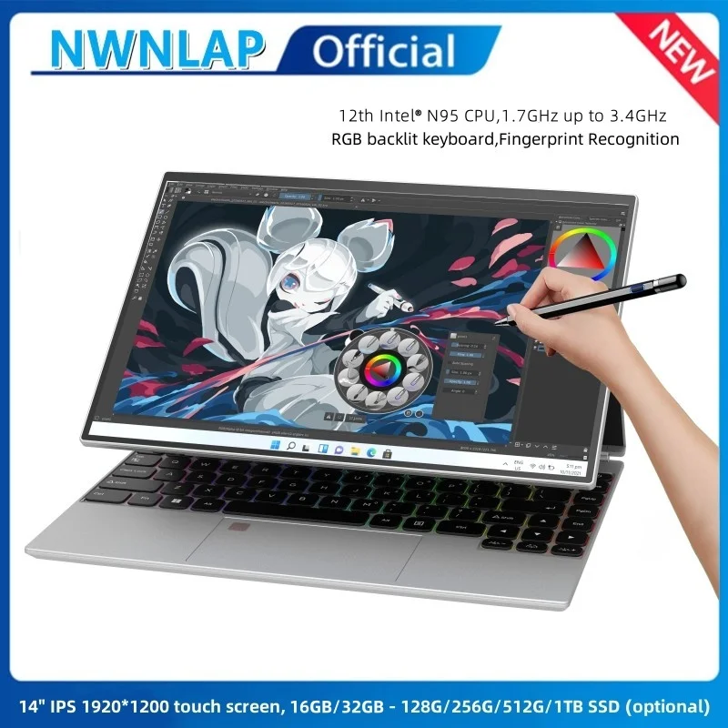 Computer tablet touch screen IPS da 14 pollici laptop N95 notebook aziendale da ufficio 16G RAM 128G - 1TB SSD RGB WINDOWS 11 Touch ID