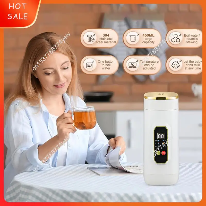 غلاية صغيرة ذات 6 درجات الحرارة 450 مل، غلاية سفر محمولة مع شاشة LED، قابس الاتحاد الأوروبي، للشاي والقهوة والتخييم A62X