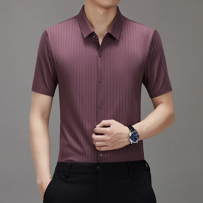 New Men\'s Shirt Luxury Designer Brand Ice Silk Breathable Business Casual Striped 2024 Summer Short-sleeve Tops Camisas Y Blusas