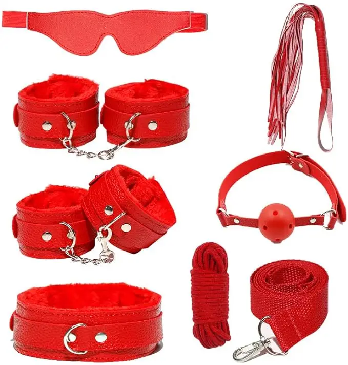 

Bondage Restraints BDSM Kit - 7Pcs Leather Restraints Bdsm Toys, Adjustable Handcuffs & Ankle & Neck Cuff, Whip, Gags