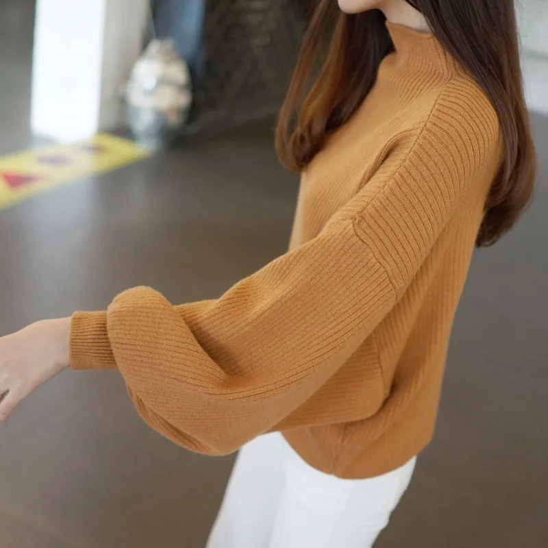 Autumn and winter new Korean version half neck base slimming knitted sweater loose bat shirt pullover lantern sleeve for women