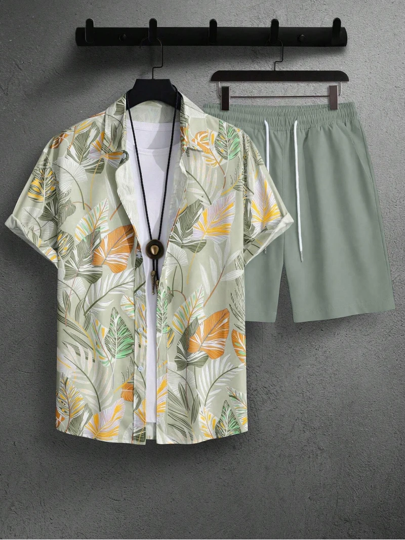 Hawaiian Style Men's Vacation Suit Tropical Plants Print Collar Short-sleeved Shirt And Drawstring Shorts Two-piece Set