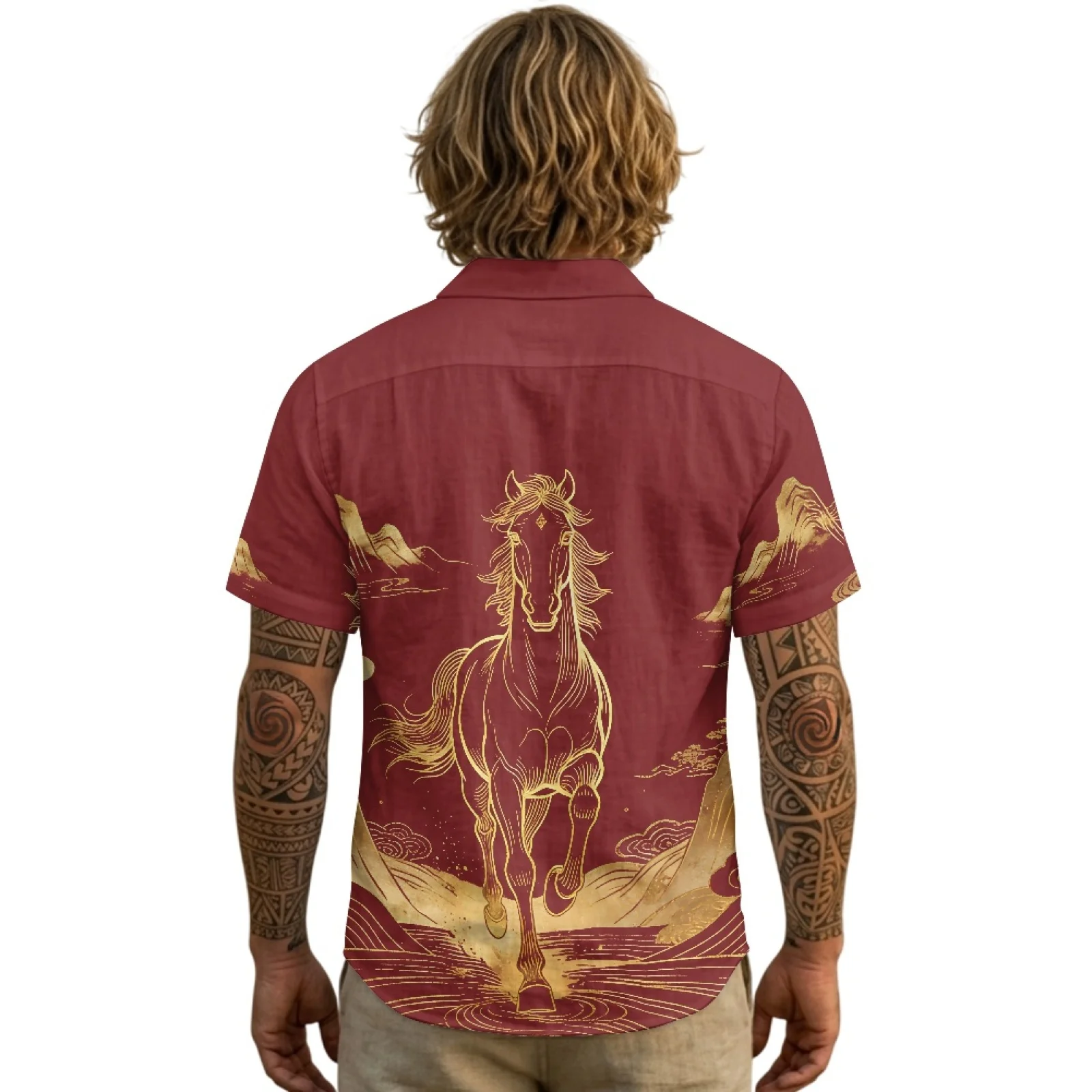 PENSTROLL Casual Linen Like Hawaiian Shirt Single Breasted Men's Top for Beach Golden Running Horse Pattern