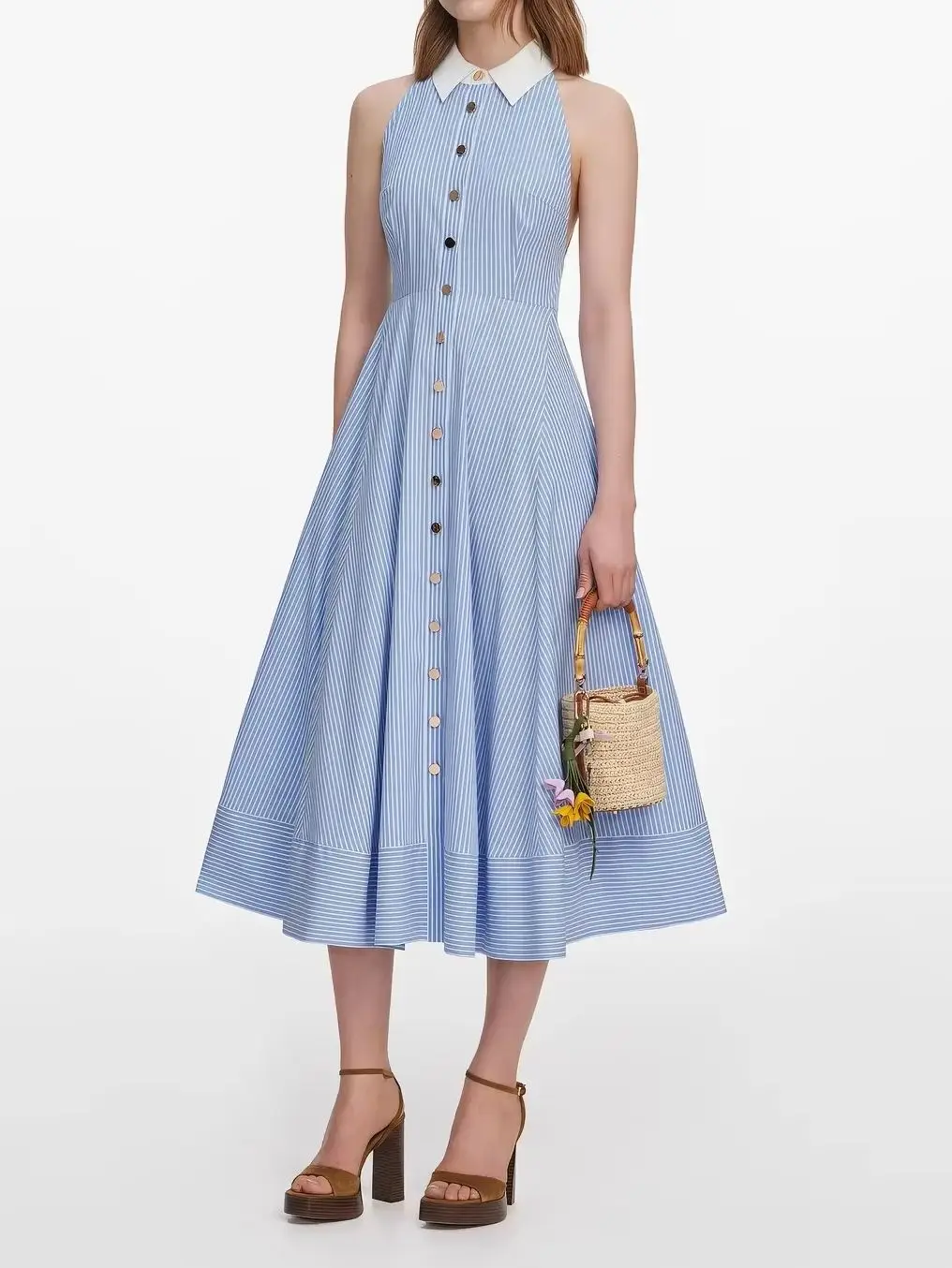 2026 Women Blue Striped Shirt Dress Color Contrast Turn-down Collar Sleeveless High Waist Single Breasted Casual Cotton Robe