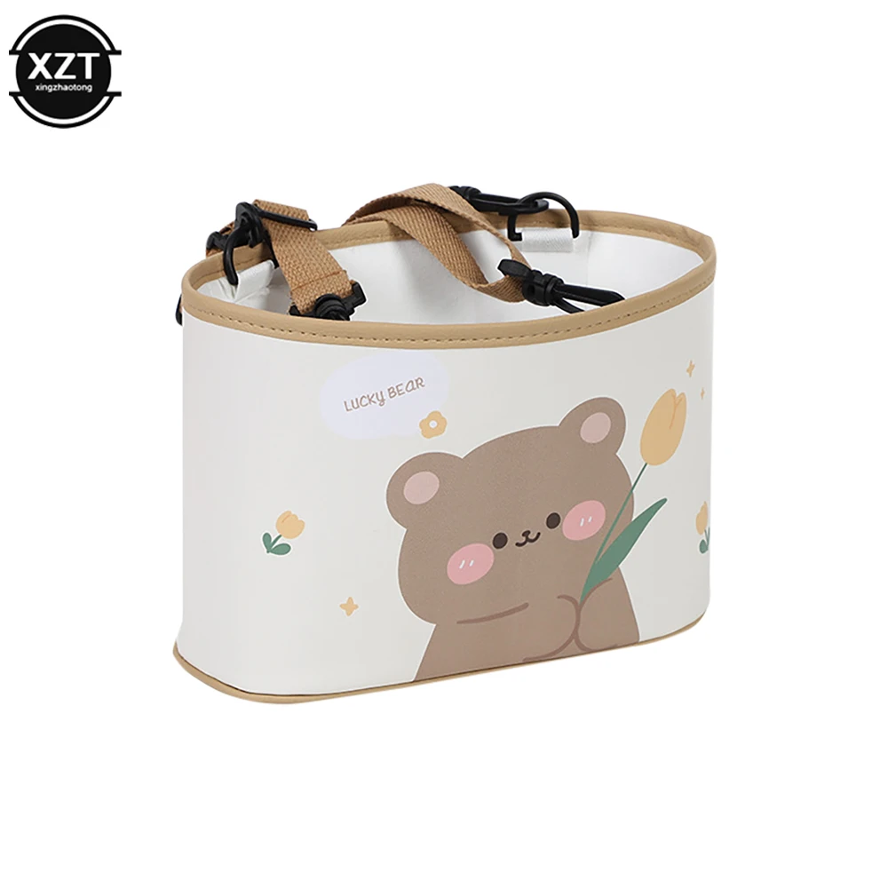 

Cartoon Bear Car Garbage Bin PU Leather Print Hanging Waterproof Garbage Bin Large Capacity Multifunctional Car Storage Box