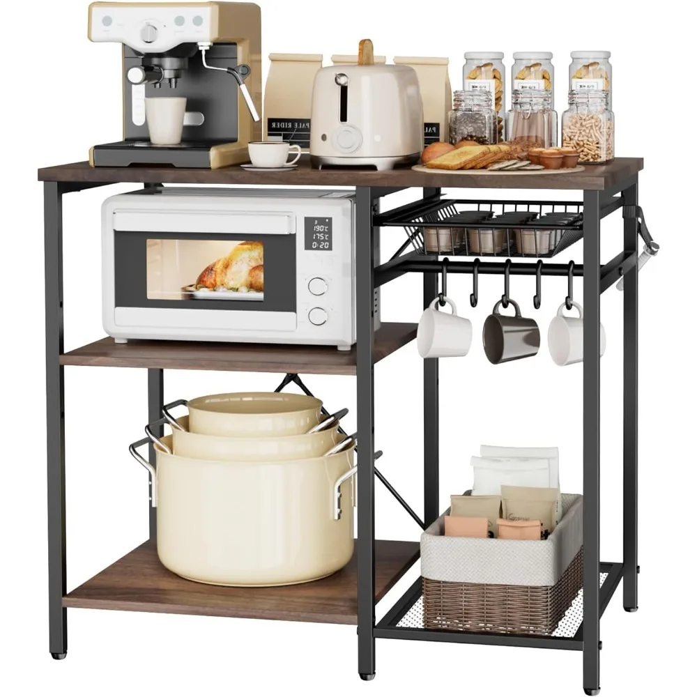 

Bakers Rack, 35.4 inch Width Microwave Stand,Kitchen Stand with X-Shaped Support Bar & 5 S-Shaped Hooks