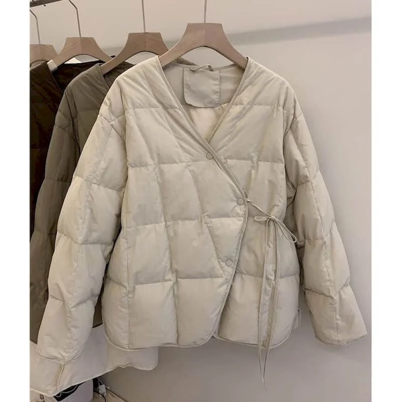 Down Coats V-neck Solid White Duck Down Jackets Loose Korean Style Casual Vintage Elegant Thick and Warm Winter Clothes Women