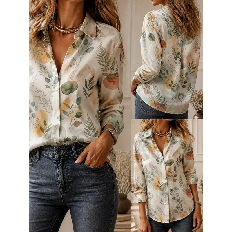 2026 Loose Fit Silky Satin Long Sleeve Blouse Ladies Street Commute Party Fashion Outfits