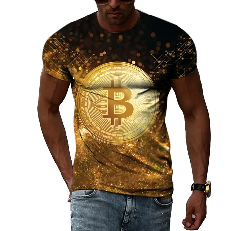 Summer Fashion Abstract Bitcoin T Shirts For Men Casual 3D Print Tee Hip Hop Harajuku Personality Round Neck Short Sleeve Top