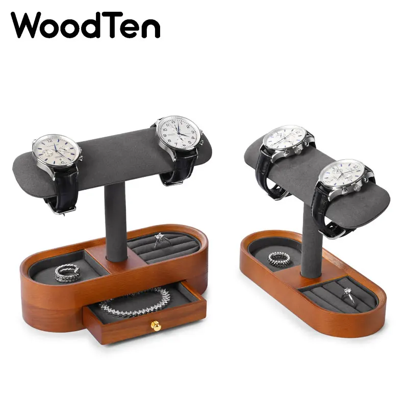 WoodTen Watch Display Stand with Drawer, Wooden Watch Storage Organizer, Ring Jewelry Holder for Wristwatch & Jewelry Display