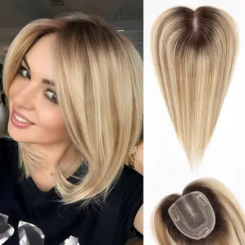 Brown Blonde Highlight 12 inch Real Human Hair Toppers for Women with Thinning Hair 3 Clips Silk Lace Base in Human Hair Toppers