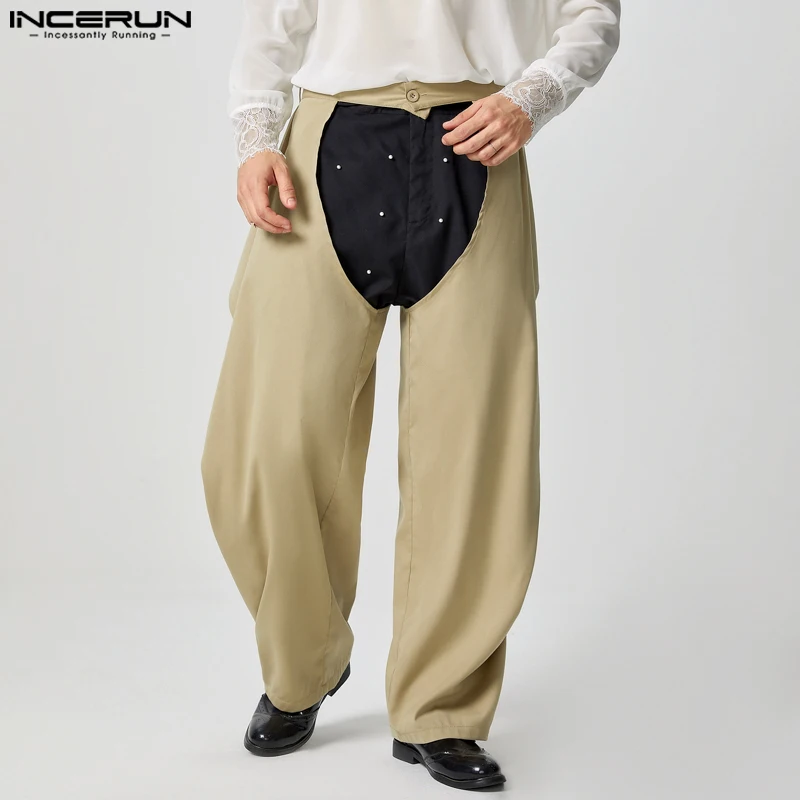 INCERUN American Style Trousers Stylish Men's Deconstruction Design Solid Hollow Pants Casual City Walk Wide Leg Pantalons S-5XL