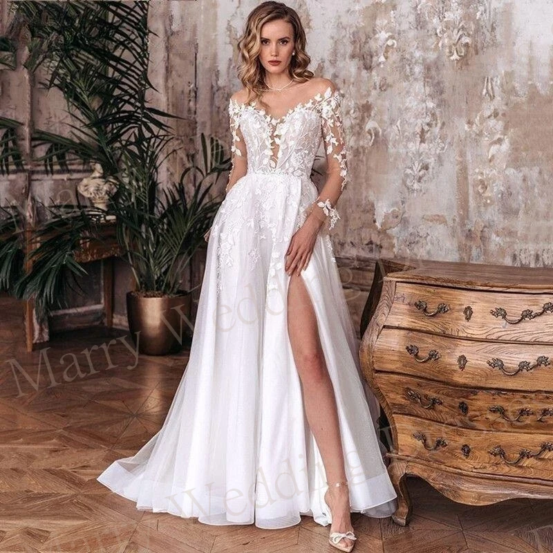 

Sexy V Neck A Line Wedding Dresses Long Sleeves With Lace Applique Bride Gowns Illusion Backless High Slit Charming Robe Mariee