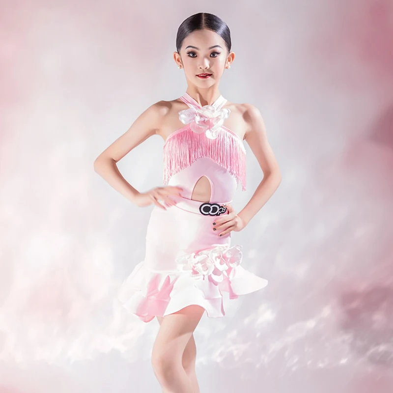 

Girls Latin Dance Dress Fringe Latin Dance Clothes Kids Competition Salsa Costume Child Ballroom Tango Pink Split Set Suit XH745