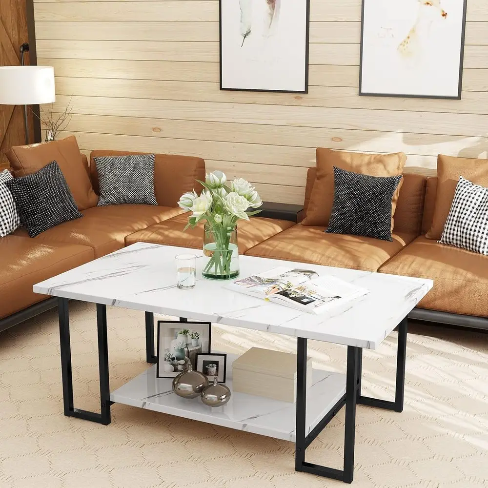 

Coee Table, ern aux Marble Top Coee Table with Metal e and Storage Shel, 2-Tier RecAccent Cocktail Table or Living Room, Oice (W