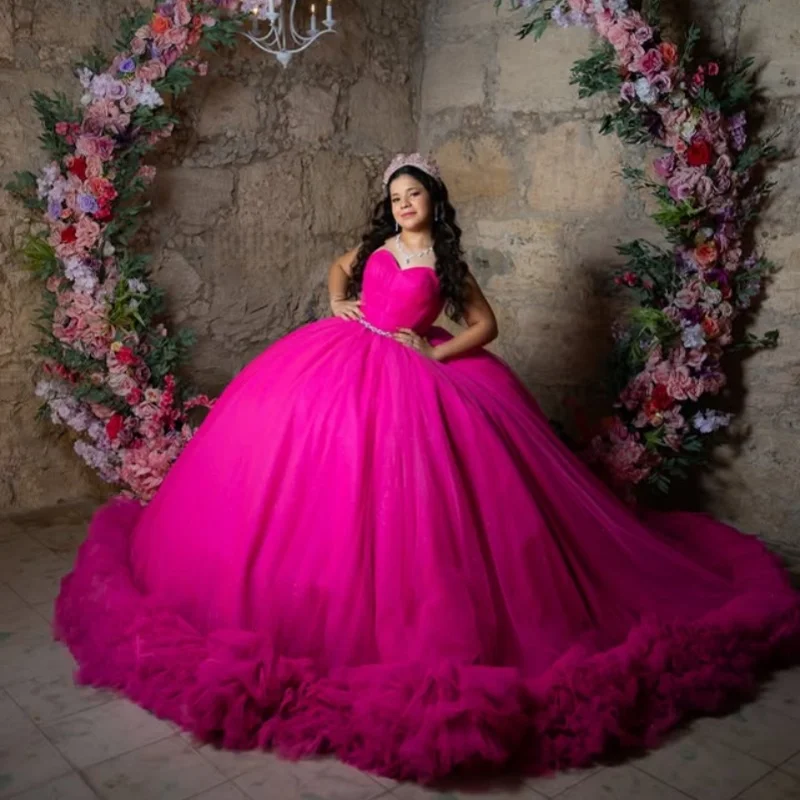 

rose pink Quinceanera Dress off-shoulder glitter Lace layering decal Long tail vestidos de 15 Quinceanera ﻿Customize
