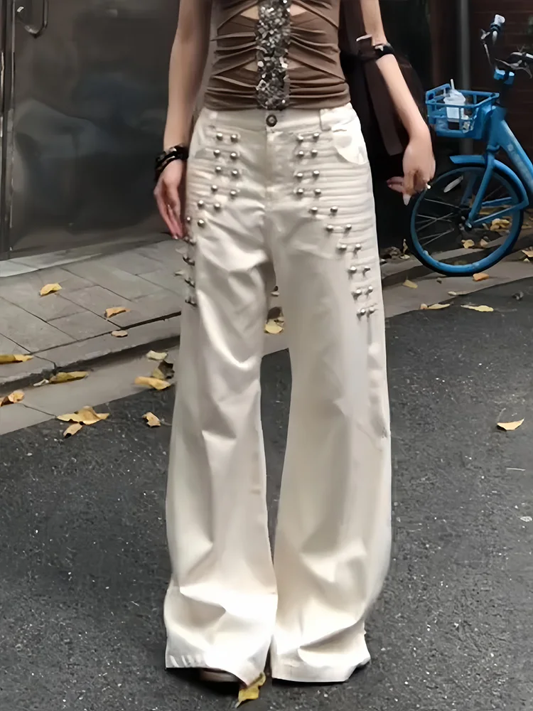 

Retro American Spicy Girl Design Sense Faded Washed Wide Leg Jeans Women Summer New Style Natural Waist Button Pure Color