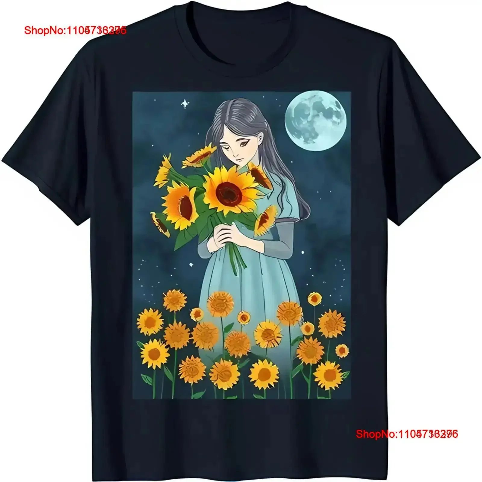 Serene Sunflower Field T Shirt Young Woman with Moon Design Black vintage Washed Slightly Stylish designer clothes vintage