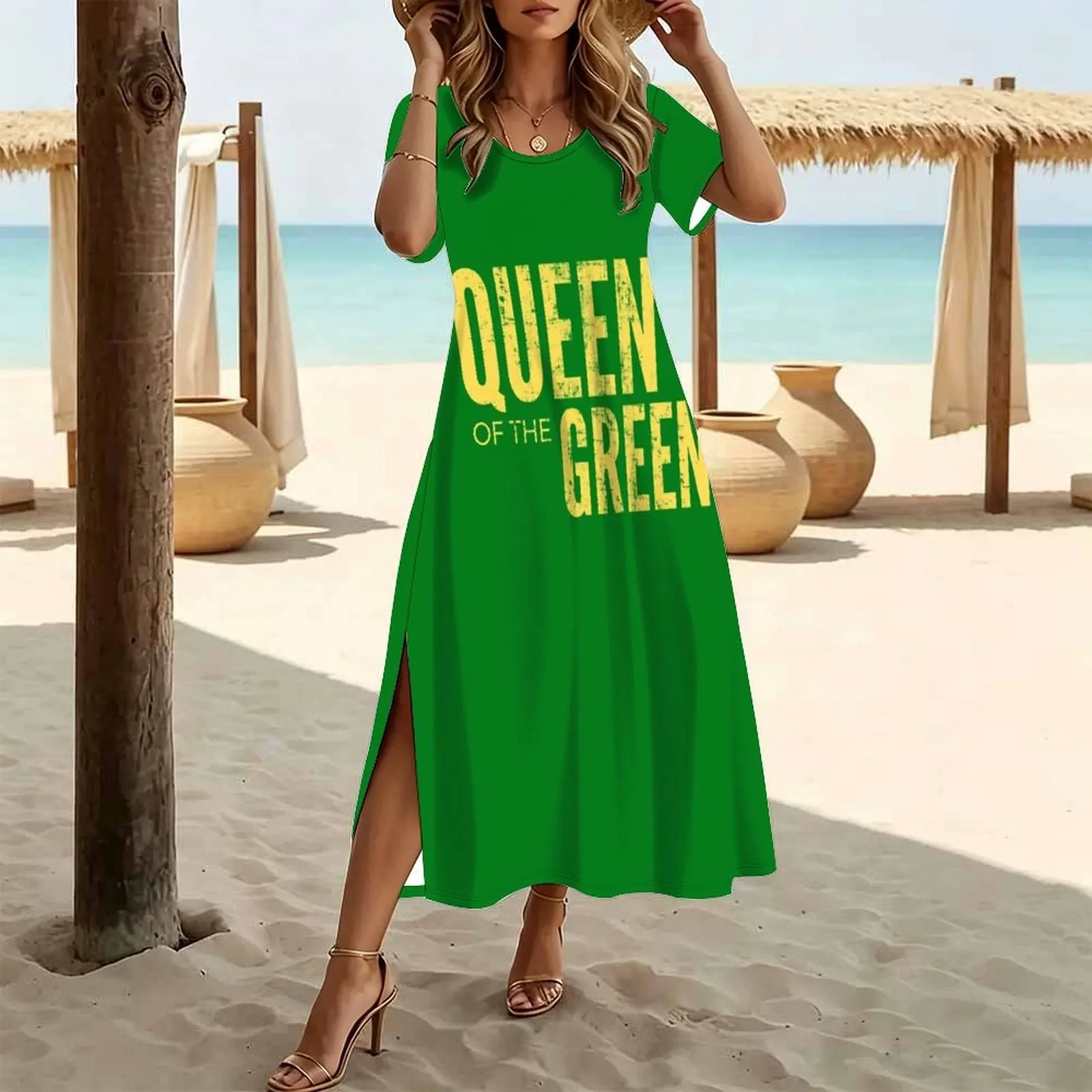 Queen Of The Green Golf T-shirt Perfect Gift For Golf Lovers Women's Round Neck Short Sleeve Split Long Dress