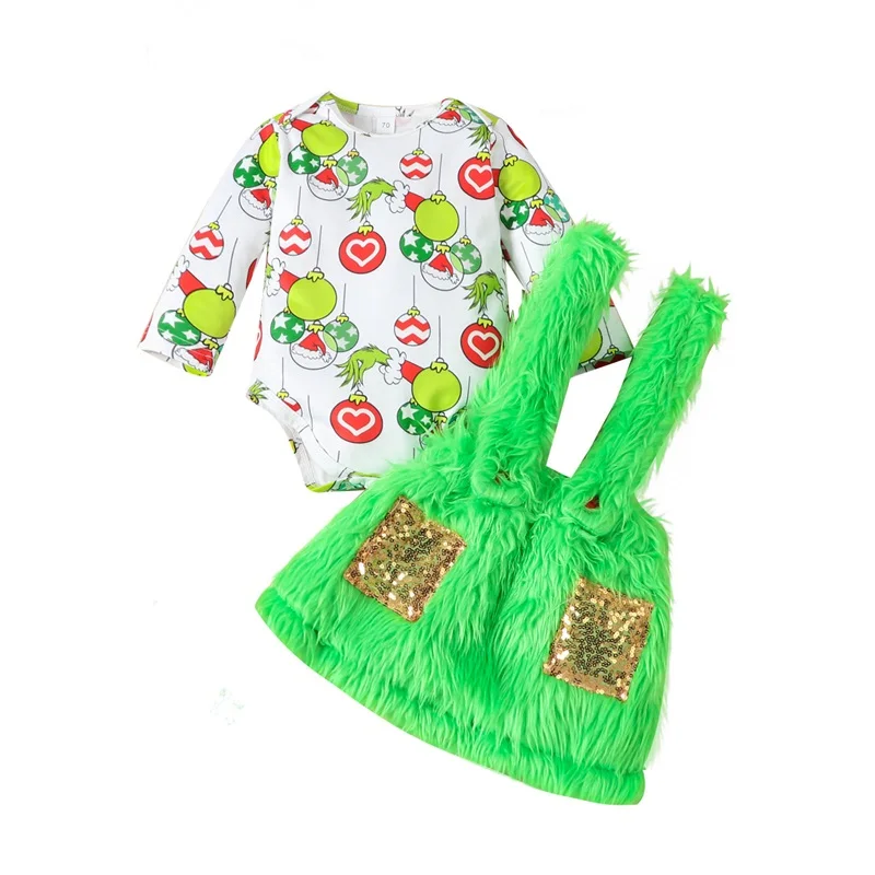 

2023-08-10 Lioraitiin 0-24M Baby Girls Outfits Christmas Ball Print Long Sleeves Romper Plush Suspender Skirt Fall Spring Clothe