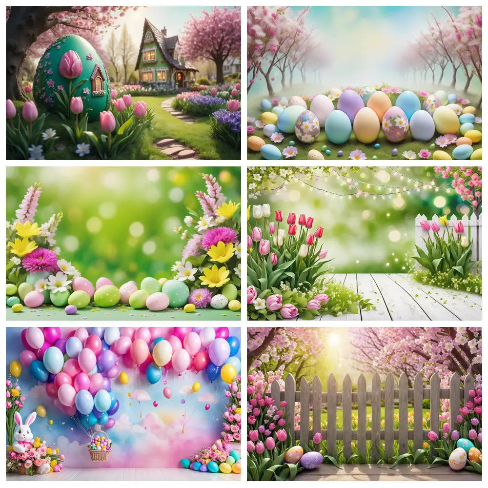 

2025 Easter Day Enchanted Garden Forest Decoration Photography Backdrop Rabbit Bunny Balloon Fence Egg Photo Background
