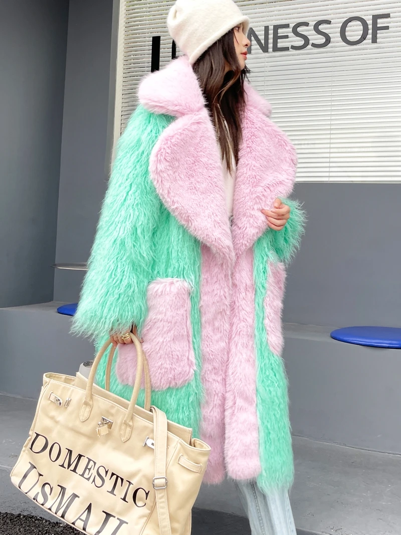 Original Design Light Green Eco-friendly Faux Fur Coat Female Loose Lapel Long Jacket Lady Shaggy Outerwea Women\'s Winter Coats