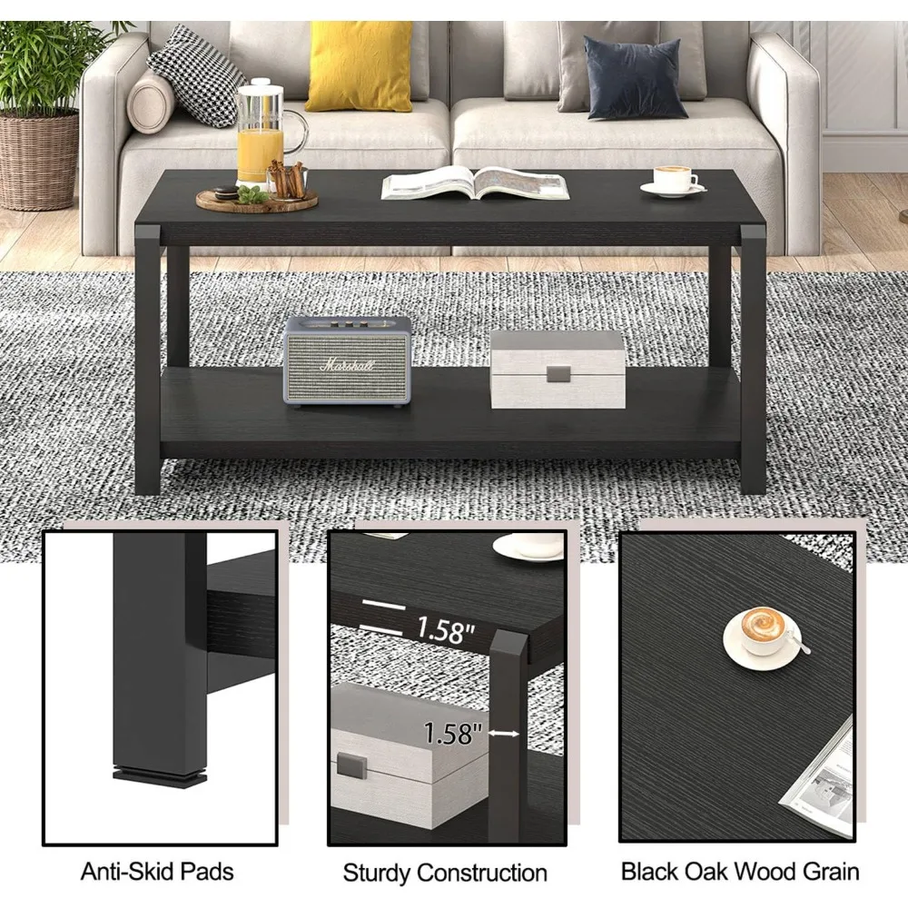 طاولة قهوة صناعية ريفية حديثة، طاولة مركزية خشبية مستطيلة مع مساحة تخزين لغرفة المعيشة