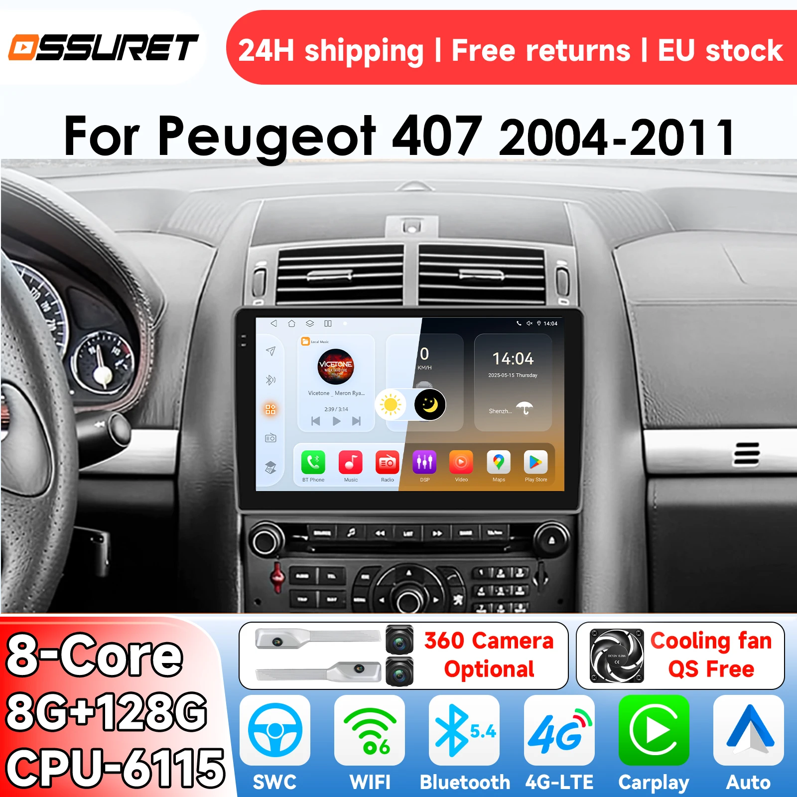 OSSURET Android 14 Autoradio per Peugeot 407 2004 - 2011 Sistema Intelligente Carplay Auto Lettore Multimediale Video GPS 4G DSP 6115